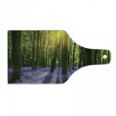 Woodland Cutting Board, Sunbeams in the Forest of Bluebells Blooms Deep in Woodland Oxfordshire, Tempered Glass Cutting and Serving Board, Wine Bottle Shape, Violet Green Yellow, by Ambesonne