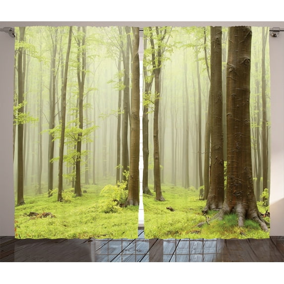 Ambesonne Spring Curtains 2 Panel Set, Misty Beech Forest Photo, 108" x 84", Brown Green