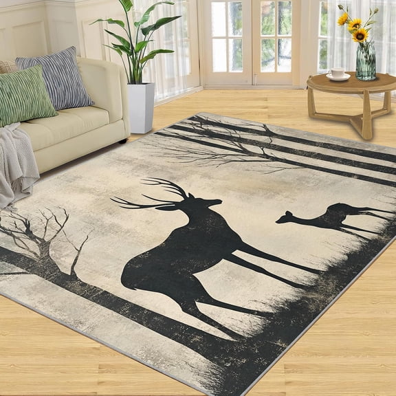 Woodland Deer Area Rugs, Brown Nature Animal Carpet, Washable Non Slip Low Pile Soft Rug for Living Room Bedroom Dining Room Home Office Decor Mat 2x3ft