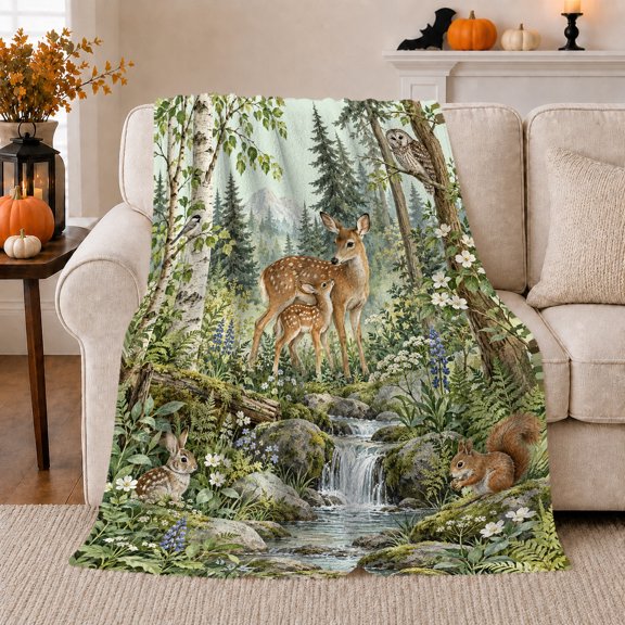 Woodland Deer Family Forest Scene, Peaceful Mountain Lake Scene, Warm Flannel Blanket for Cabin and Lodge with Detailed Artwork, Outdoor Lovers Camping Gift, Rustic Home Decor
