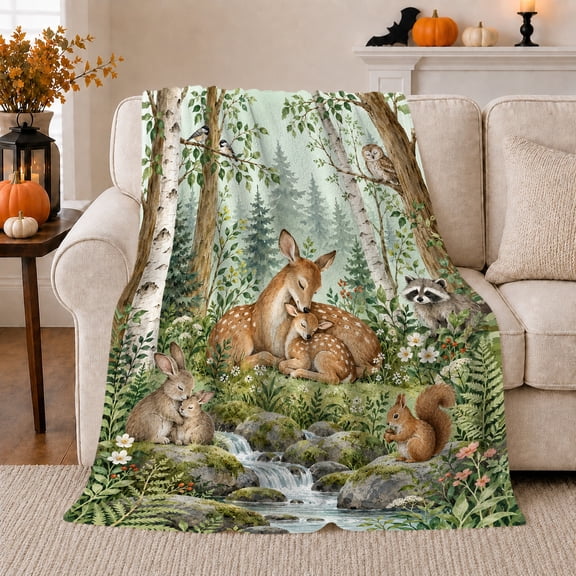 Woodland Deer Fawn Forest Clearing Tender Mother young animal, Peaceful Woodland Scene, Warm Flannel Blanket for Cabin and Lodge, Wildlife Lovers decorative theme Gift, Artistic Home Decor