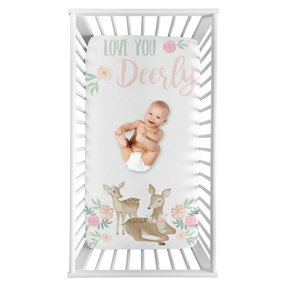 Sweet Jojo Designs Deer Floral Pink Green White Photo Op Fitted Crib Sheet