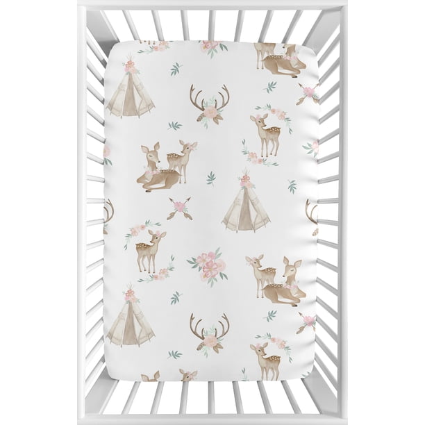 Woodland Deer Floral Pink Mint Mini Fitted Crib Sheet by Sweet Jojo