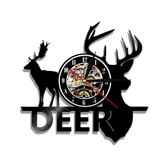 Woodland Deer Hunter Clock Forest Wild Moose Head Vinyl Record Wall Clock Deer Antlers Decorative Clock Wall Art Hunters Gift Without LED
