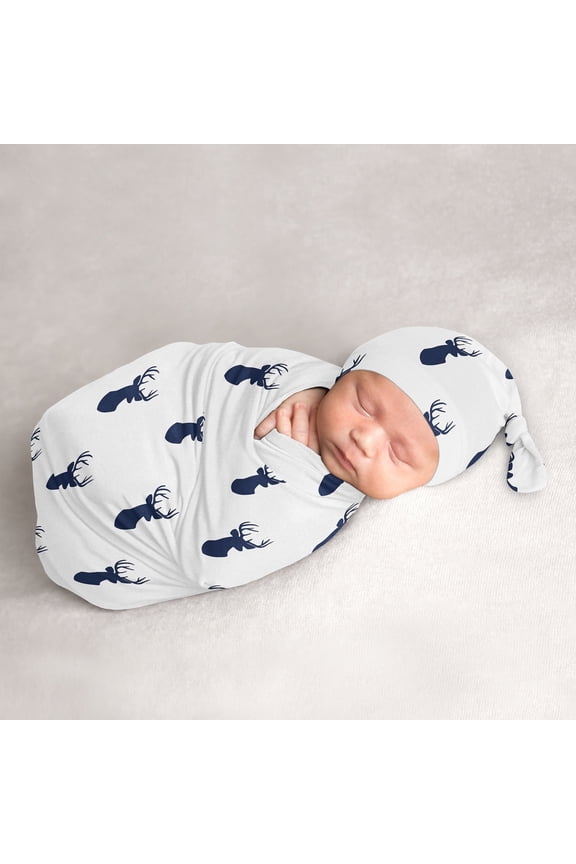 Woodland Deer Navy White Baby Cocoon and Beanie Hat Set by Sweet Jojo Designs