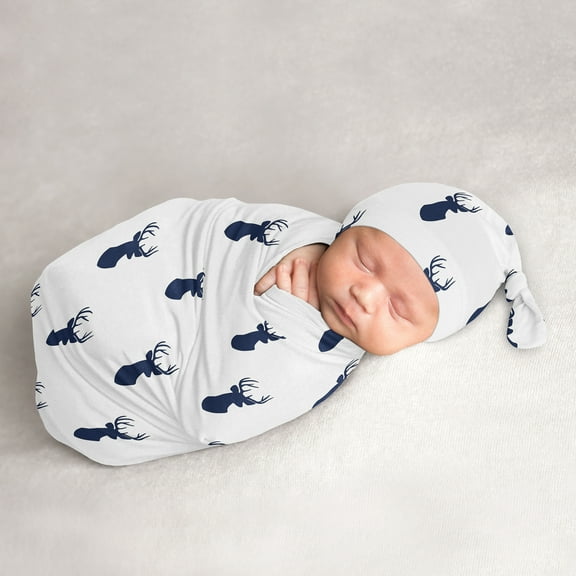 Woodland Deer Navy White Baby Cocoon and Beanie Hat Set by Sweet Jojo Designs