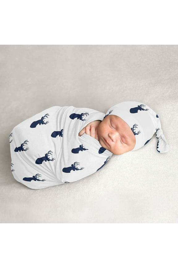 Woodland Deer Navy White Baby Cocoon and Beanie Hat Set by Sweet Jojo Designs