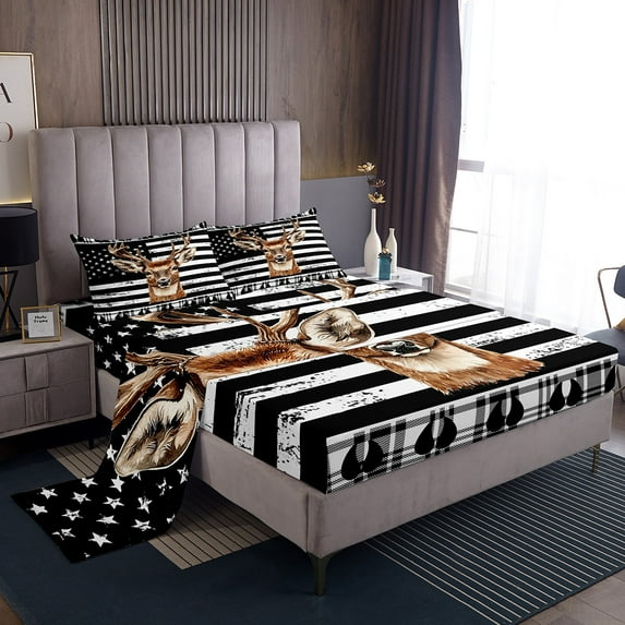 Woodland Deer Sheet Sets Twin Black White American Flag Bed Sheets Rustic Buffalo Plaid Animal Bedding Sheets For Kids Boys Teen Men,Farmhouse Country Wildlife Bed Sheet Set 3 Piece