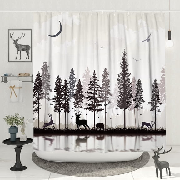 Woodland Deer Shower Curtain Camo Hunting Shower Curtain Rustic Cabin Wildlife Shower Curtain, Forest Moose Pattern, Grey/Brown, Polyester Fabric-72" x 72"