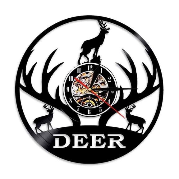 Woodland Deer Wall Clock Hunter Clock Deer Head Deer Antlers Hunting Vinyl Record Clock Animal Art Handmade Hunting Lovers Gift Without LED