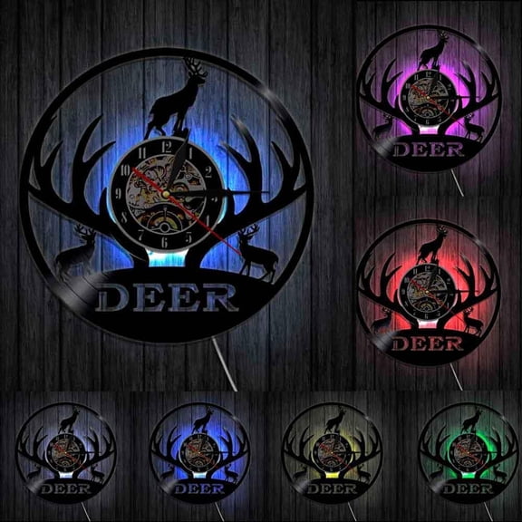 Woodland Deer Wall Clock Hunter Clock Deer Head Deer Antlers Hunting Vinyl Record Clock Animal Art Handmade Hunting Lovers Gift