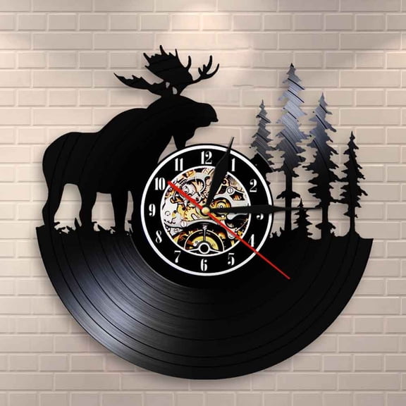 Woodland Deer Wall Decor Retro Vinyl Record Wall Clock Antler Forest Elk King With Pine Tree Hunting Wall Clock Hunter Gift Idea