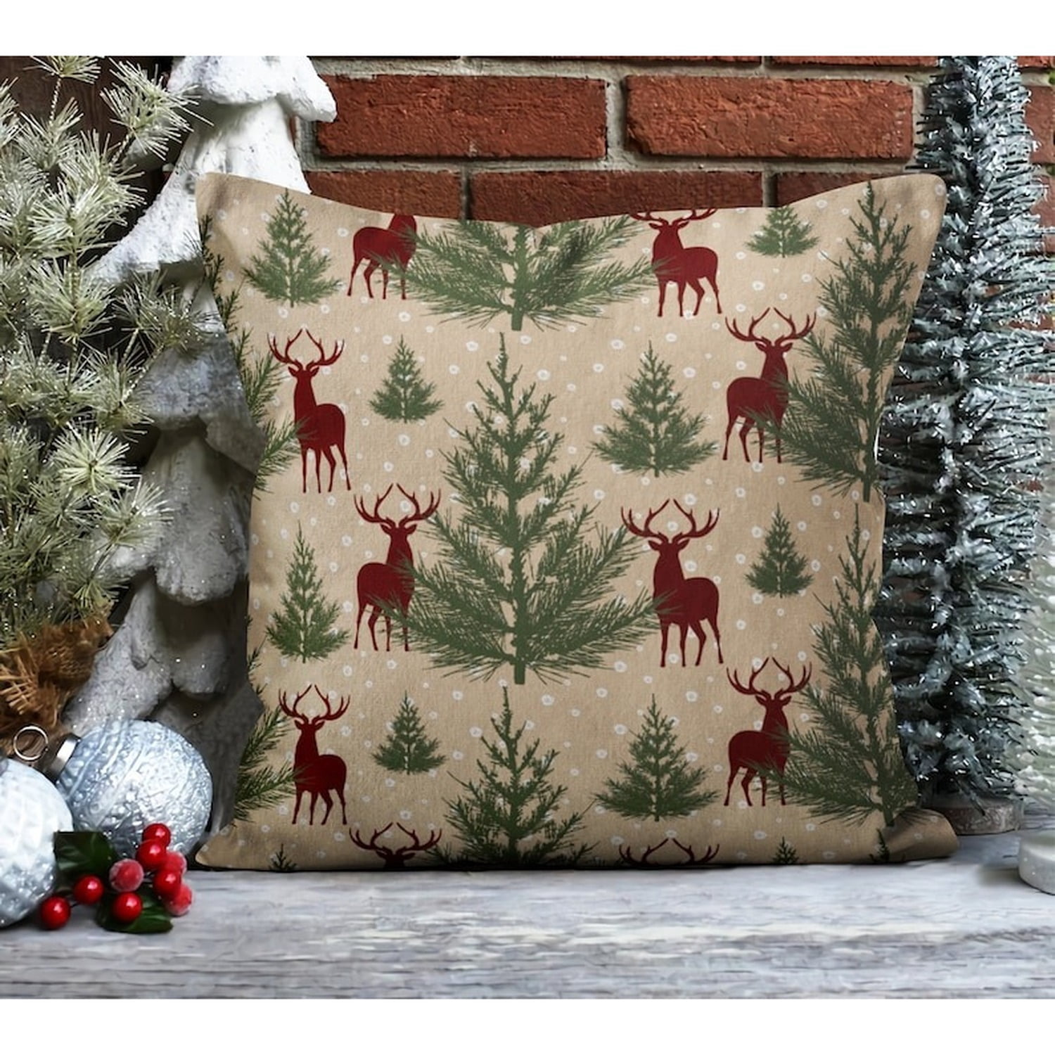 Rustic Spurce Tree Woodland Deer and Evergreen Trees Beige Square Pillow Case, 100% ...