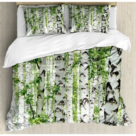 Woodland Duvet Cover Set, Birch Trees in the Forest Summertime Wildlife Nature Outdoors Themed Picture, Decorative 3 Piece Bedding Set with 2 Pillow Shams, Calking Size, White Green, by Ambesonne