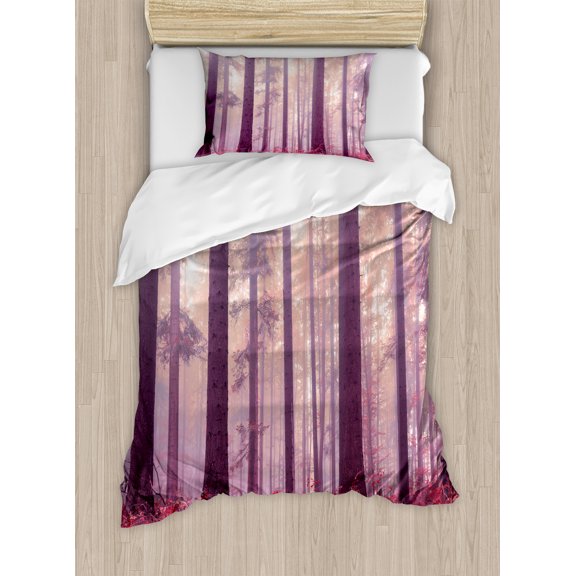 Woodland Duvet Cover Set, Colorful Forest with Foggy Sun Rays Mystic Trees Magic Wilderness Fantasy, Decorative 2 Piece Bedding Set with 1 Pillow Shams, Twin Size, Lilac Dark Coral, by Ambesonne