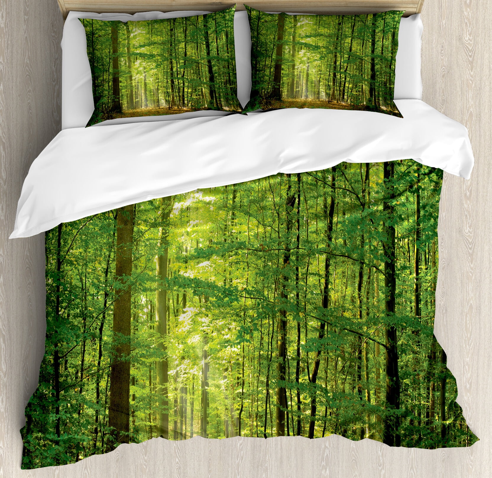 Green Forest Waterfall Queen Duvet Cover Set with Pillow Shams