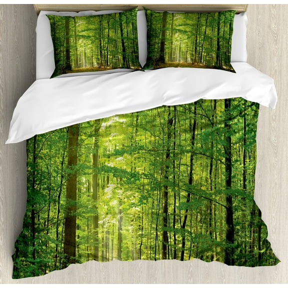 Woodland Duvet Cover Set, Deciduous Forest Trees in Summertime Foliage Sun Rays Romantic Holidays Scenic Image, Decorative 3 Piece Bedding Set with 2 Pillow Shams, Queen Size, Green, by Ambesonne