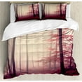 thumbnail image 1 of Woodland Duvet Cover Set, Fantasy Marsala Color Foggy Forest Jungle Dreamy Wilderness Woods Sunlight Image, Decorative Bedding Set with Pillow Shams, Maroon Peach, by Ambesonne, 1 of 3
