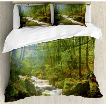 Woodland Duvet Cover Set, Forest Scene at Golitha Falls Nature Reserve on the River Fowey Cornwall England, Decorative 3 Piece Bedding Set with 2 Pillow Shams, Calking Size, Green Brown, by Ambesonne