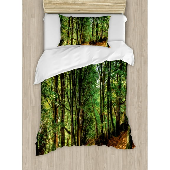 Woodland Duvet Cover Set, Forest Scene Trees and Pathway Foliage Trunk Greenery Outdoor Picture, Decorative 2 Piece Bedding Set with 1 Pillow Shams, Twin Size, Green Brown, by Ambesonne