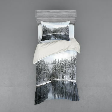 Woodland Duvet Cover Set, Lake Surrounded by Snow Covered Trees on a Cold Winter Day in Finland Reflections, Bedding Set with Shams and Fitted Sheet, 3 Sizes, by Ambesonne