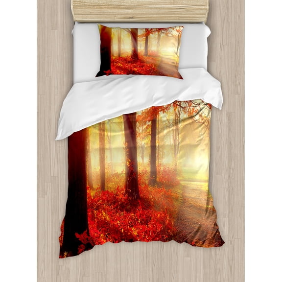 Woodland Duvet Cover Set, Sun Beams Through Misty Old Forest in Fall Season Morning View Dreamy Picture, Decorative 2 Piece Bedding Set with 1 Pillow Shams, Twin Size, Yellow Red, by Ambesonne