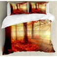 thumbnail image 1 of Woodland Duvet Cover Set, Sun Beams Through Misty Old Forest in Fall Season Morning View Dreamy Picture, Decorative 3 Piece Bedding Set with 2 Pillow Shams, Queen Size, Yellow Red, by Ambesonne, 1 of 3