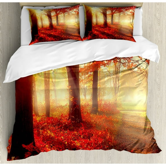 Woodland Duvet Cover Set, Sun Beams Through Misty Old Forest in Fall Season Morning View Dreamy Picture, Decorative 3 Piece Bedding Set with 2 Pillow Shams, Queen Size, Yellow Red, by Ambesonne