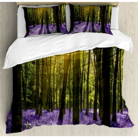 Woodland Duvet Cover Set, Sunbeams in the Forest of Bluebells Blooms Deep in Woodland Oxfordshire, Decorative 3 Piece Bedding Set with 2 Pillow Shams, King Size, Violet Green Yellow, by Ambesonne