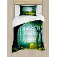 thumbnail image 1 of Woodland Duvet Cover Set, View of a Forest Landscape Outdoor Scene, Decorative 2 Piece Bedding Set with 1 Pillow Shams, Twin Size, Seafoam Dark Teal, by Ambesonne, 1 of 3