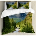 thumbnail image 1 of Woodland Duvet Cover Sets, Mountain Landscape Road Cloudy Sky Pine Trees Forest Summer Rainy Day Scene, Bedding Set 2 Duvet Covers & 4 Pillowcases, 2 Pack Queen Size, Green Grey Brown, by Ambesonne, 1 of 3