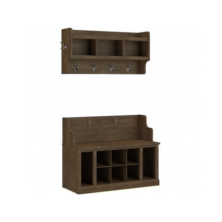 Bush Furniture Woodland 40W Entryway Bench with Shelves and Wall Mounted Coat Rack Ash Brown