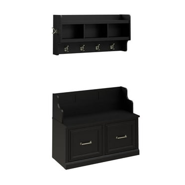 Woodland Entryway Bench with Doors and Wall Shelf in Black Oak - Engineered Wood