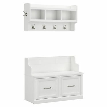 Woodland Entryway Bench with Doors and Wall Shelf in White Ash - Engineered Wood