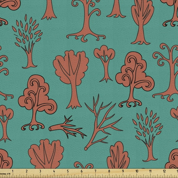Woodland Fabric by the Yard, Abstract Design Various Trees Pattern Leaves and Branches Illustration, Decorative Upholstery Fabric for Sofas and Home Accents, 2 Yards, Teal and Dark Salmon by Ambesonne