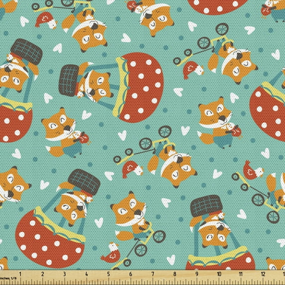 Ambesonne Woodland Fabric by the Yard Upholstery, Fox and Hen Bicycle, 2 Yards, Multicolor
