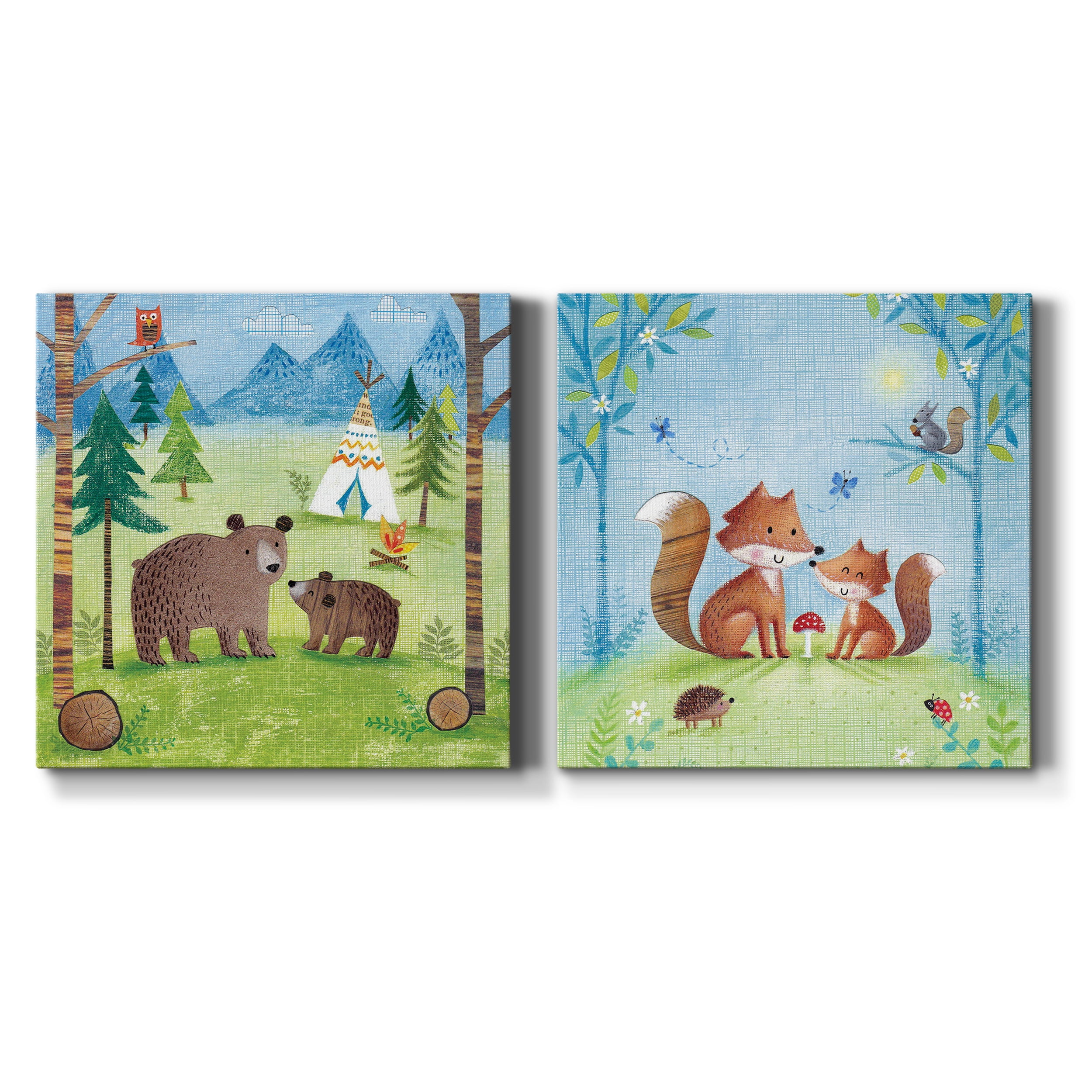 Woodland Family Bears - Premium Gallery Wrapped Canvas - Ready to Hang Set of 2 - 16 x 16 Each