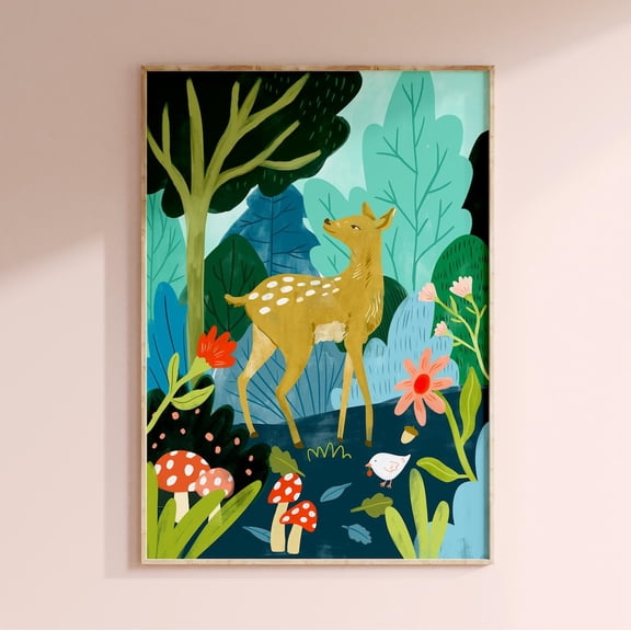 Woodland Fawn Nursery Watercolour Forest Animal Wall Picture, Unframed Canvas 24x36in