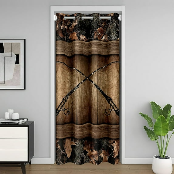 Woodland Fishing Rod Door Curtain for Doorway Privacy,Fishing and Hunting Blackout Curtain 52"W X 80"L for Bedroom,Wooden Plank Camo Door Drape,Countryside Rustic Room Divider Curtain