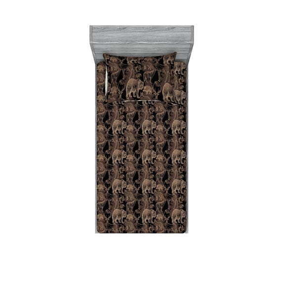 Woodland Fitted Sheet & Pillow Sham Set, Wild Animals Pattern Bear Deer Fox Rabbit Hedgehog Earthy Forest Print, Decorative Printed 2 Piece Bedding Decor, Twin, Black Beige and Umber, by Ambesonne