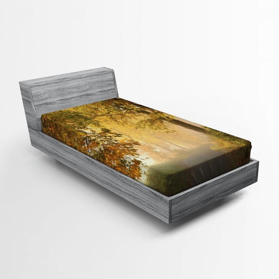 Ambesonne Scenery Fitted Sheet, Misty Autumn Morning, Twin Size, Pale Coffee Green