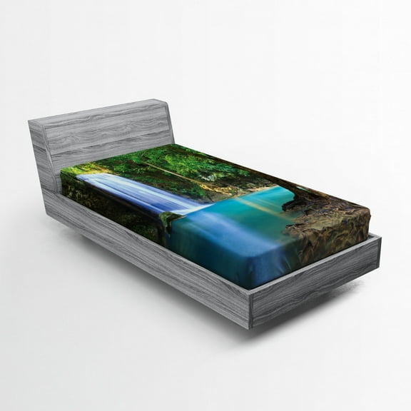 Woodland Fitted Sheet, Waterfall Asia Thailand Jungle Tropic Plants Trees Tourist Attraction, Soft Decorative Fabric Bedding, Twin XL Size, Turquoise Green Brown, by Ambesonne