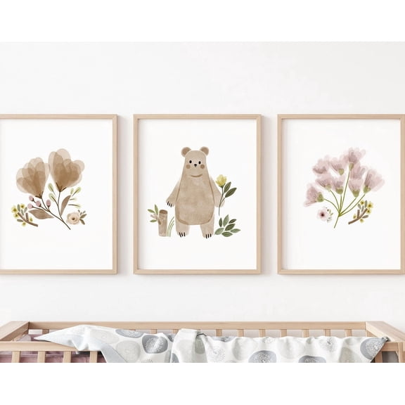Woodland Floral Animals Boho Girls Nursery Wall Art Set 3 Stretched Canvas 16x24