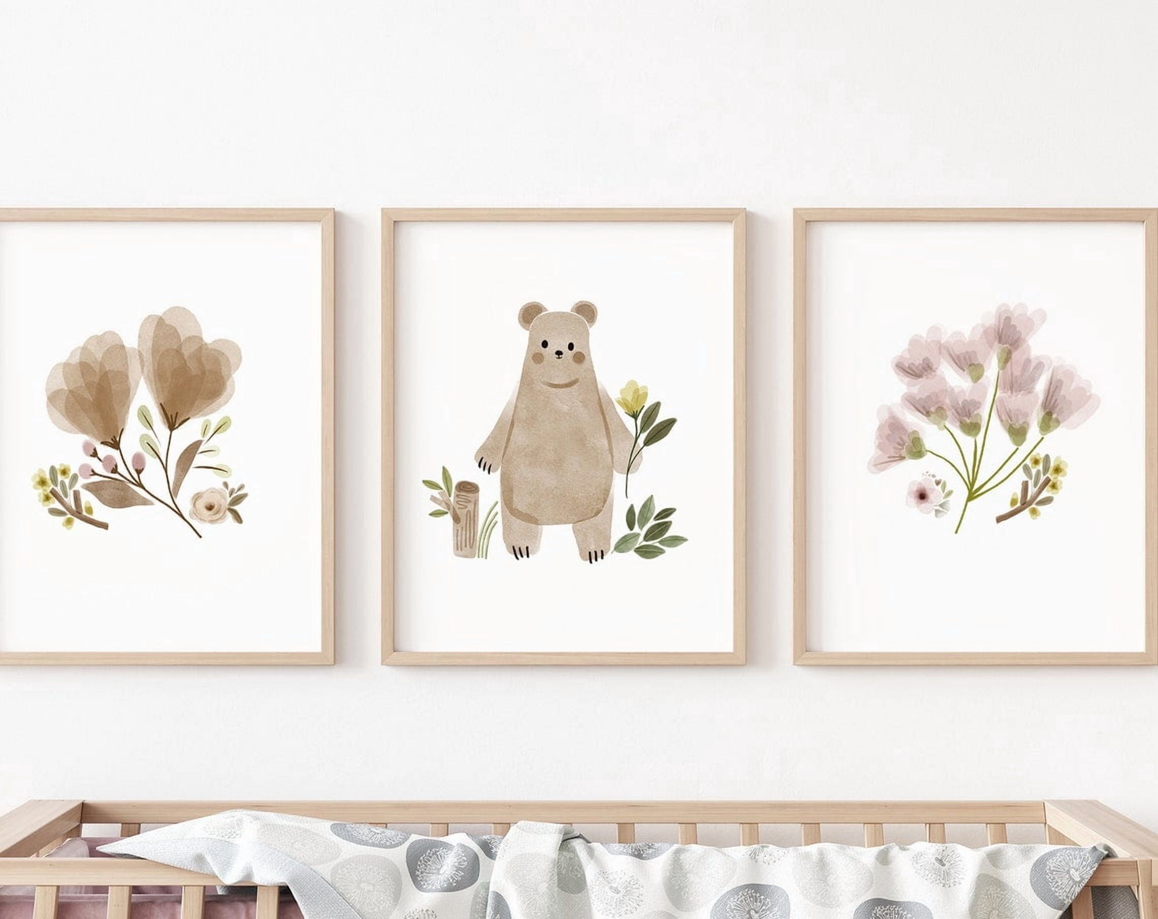 Woodland Floral Animals Boho Girls Nursery Wall Art Set 3 Unframed ...