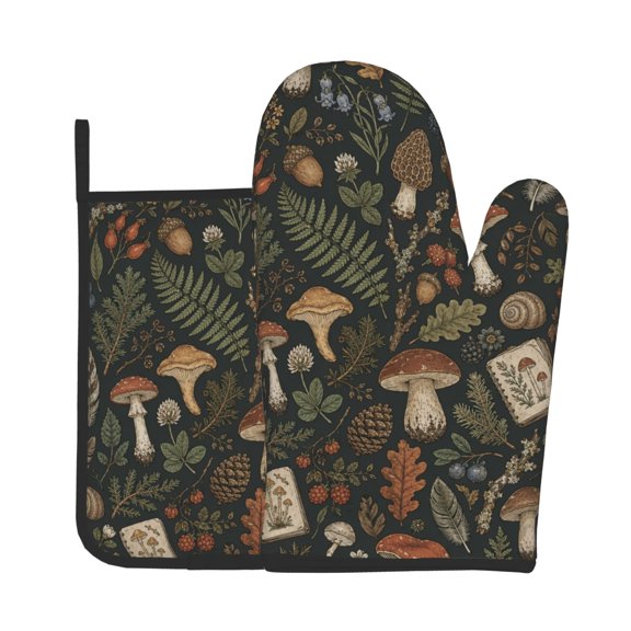 Woodland Foraging Field Doodle 2Pcs Oven Mitts and Pot Holders Set Kitchen Glove & Trivet Hot Pads for Cooking Baking BBQ Grilling