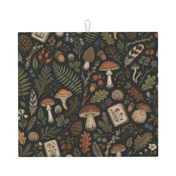 Woodland Foraging Field Doodle Kitchen Drying Mat 18x16 Inch Ultra Absorbent Countertop Mat Foldable with Hanging Loop