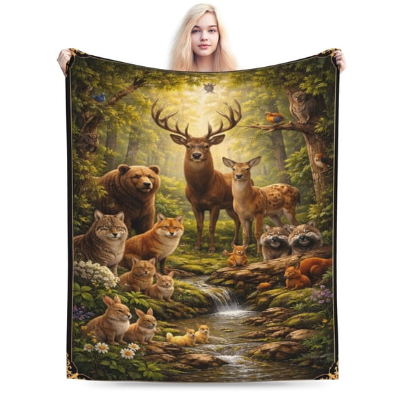 Woodland Forest Animals Blanket, Majestic Deer Wildlife Throw, Rustic Cabin Fleece Blanket for Fall Thanksgiving Home Decor 60x50
