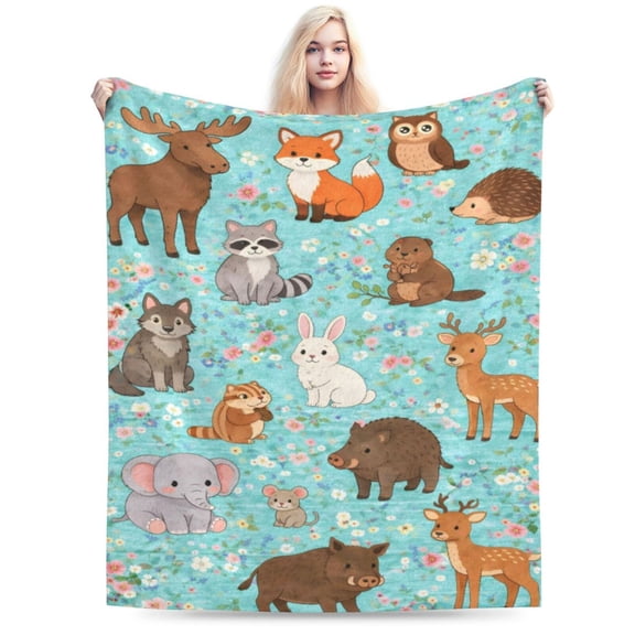 Woodland Forest Animals Blanket Spring Floral Wildlife Art Rustic Home Decor Soft Cozy Fleece Throw Blanket 50x40