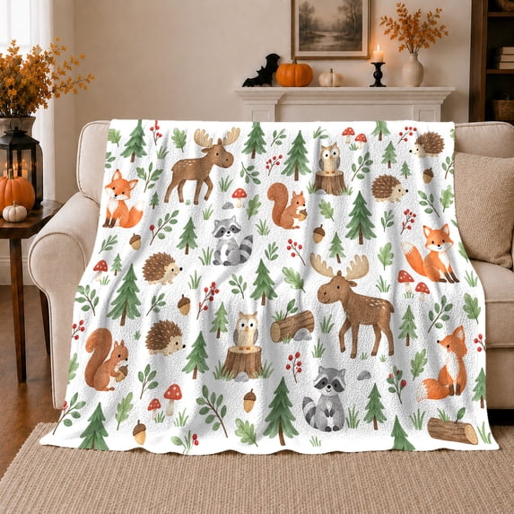 Woodland Forest Animals Cute Moose Fox Squirrel, Playful Woodland Scene, Warm Flannel Blanket for Cabin and Lodge, Wildlife Lovers Housewarming Gift, Playful Home Decor