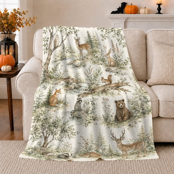 Woodland Forest Animals Nursery Theme, Playful Woodland Scene, Warm Flannel Blanket for Cabin and Lodge with Detailed Artwork, Bird Lovers Housewarming Gift, Rustic Home Decor